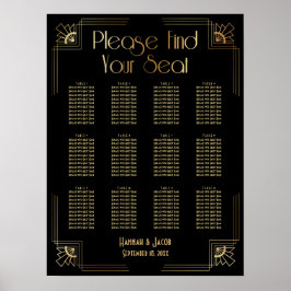 Black & Gold Art Deco 12 Tables Seating Chart Poster