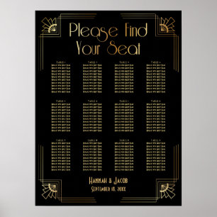 Black & Gold Art Deco 12 Tables Seating Chart Poster