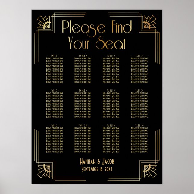 Black & Gold Art Deco 12 Tables Seating Chart Poster (Vorne)