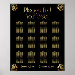 Black & Gold Art Deco 12 Tables Sitzkarte Poster