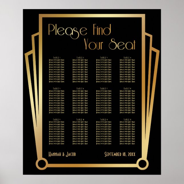 Black & Gold Art Deco 12 Tables Sitzkarte Poster (Vorne)