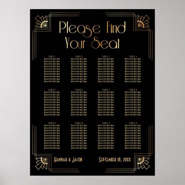 Black & Gold Art Deco 12 Tables Sitzkarte Poster (Vorne)