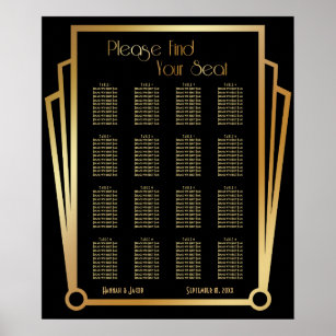 Black & Gold Art Deco 16 Tables Sitzkarte Poster