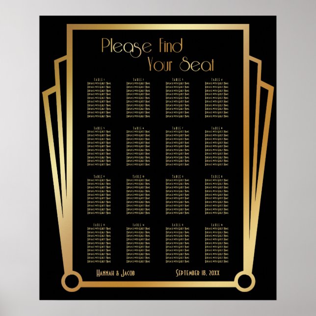 Black & Gold Art Deco 16 Tables Sitzkarte Poster (Vorne)