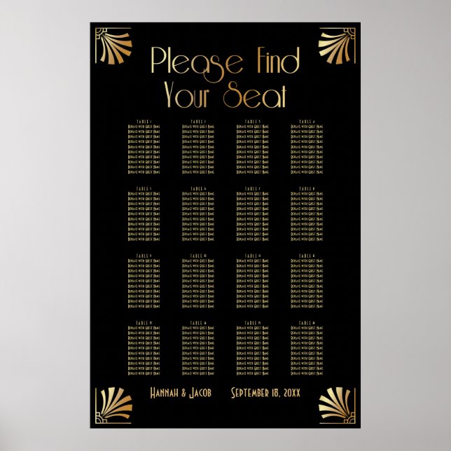 Black & Gold Art Deco 16 Tables Sitzkarte Poster (Vorne)