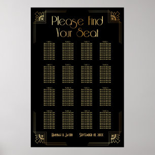 Black & Gold Art Deco 16 Tables Sitzkarte Poster