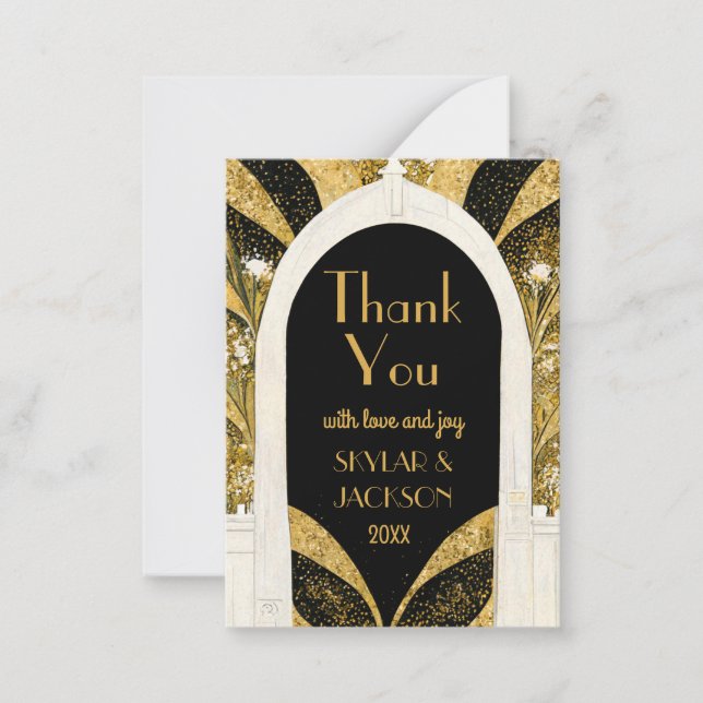 Black & Gold Art Deco Archway Wedding Vielen Dank Mitteilungskarte (Vorderseite)