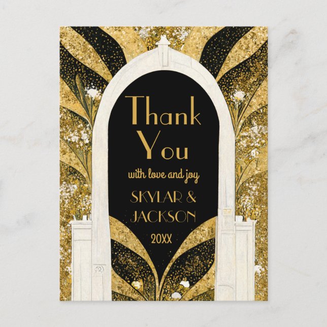 Black & Gold Art Deco Archway Wedding Vielen Dank Postkarte (Vorderseite)