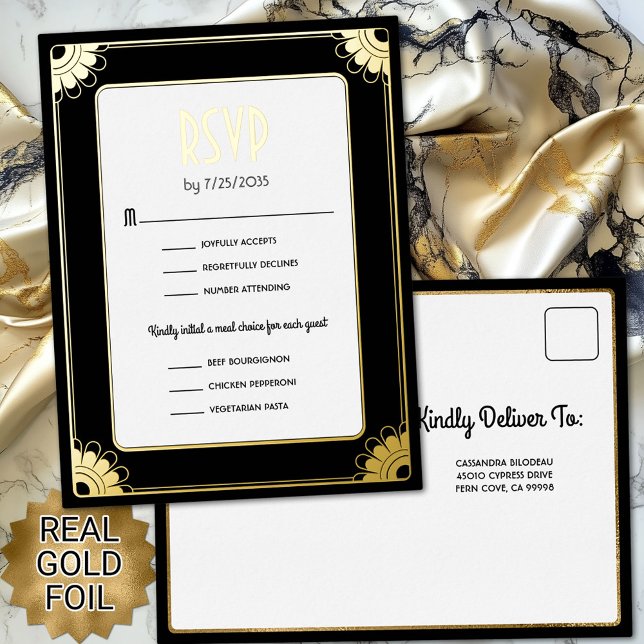 Black Gold Art Deco Blume Hochzeit RSVP Antwort Folie Einladungspostkarte (Von Creator hochgeladen)