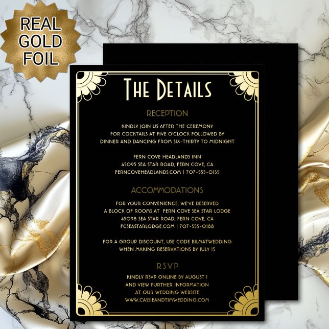 Black Gold Art Deco Détails du Mariage Carte de bo (Vintage black and gold art deco retro floral wedding details enclosure card with real gold foil)