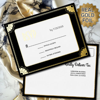 Black Gold Art Deco Fun Blumenzwiebeln RSVP Rückke Folie Einladungspostkarte