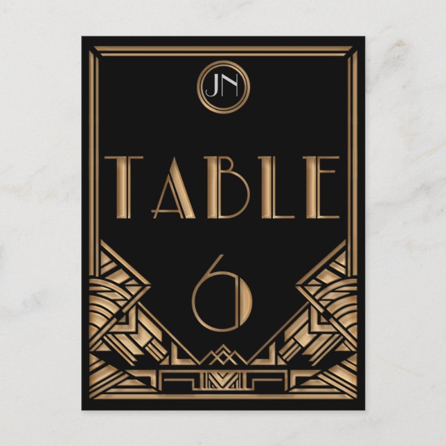 Black Gold Art Deco Gatsby Style Tischnummer 6 (Vorderseite)