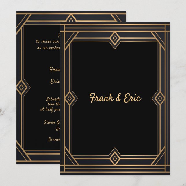 Black Gold Art Deco Gay/Lesben Einladung zur Hochz (Vorne/Hinten)