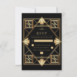 Black & Gold Art Deco Geometric Wedding  RSVP Karte