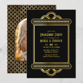 Black & Gold Art Deco Gold Engagement Party Photo Einladung