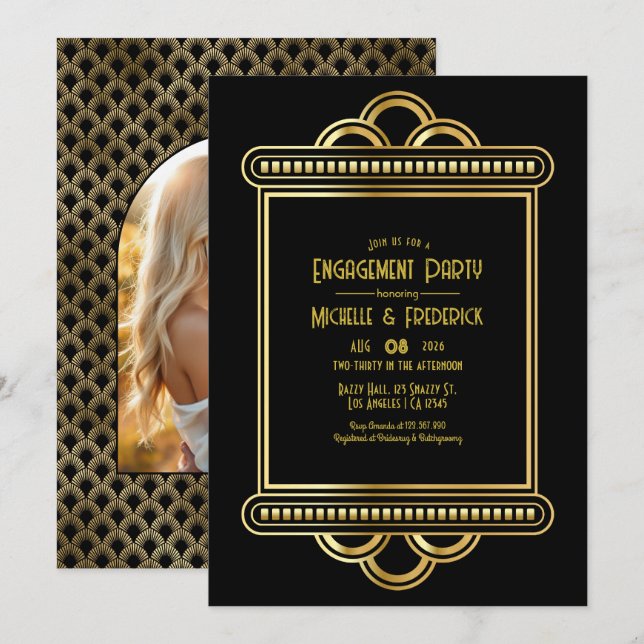 Black & Gold Art Deco Gold Engagement Party Photo Einladung (Vorne/Hinten)