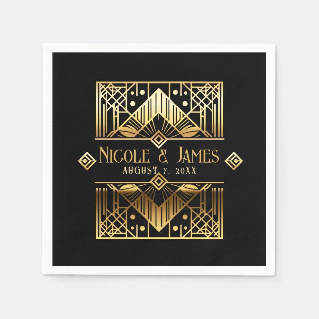 Black & Gold Art Deco Hochzeit Serviette (Vorderseite)