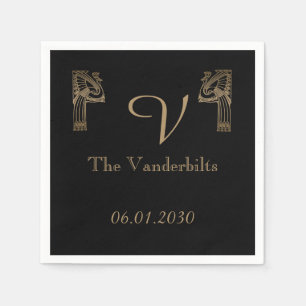Black Gold Art Deco Pfauenhochzeit Serviette