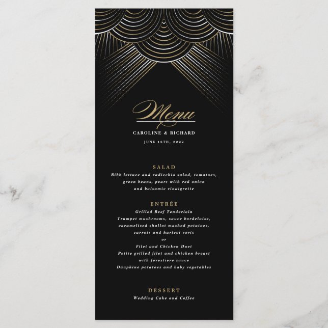 Black Gold Art Deco String Lights Flat Menu Menükarte (Vorderseite)