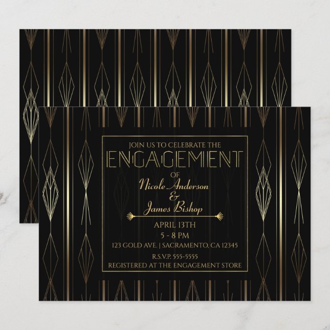 Black & Gold Art Deco Verlobung Dusche Party Einladung (Vorne/Hinten)