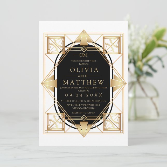 Black & Gold Art Deco Wedding Invitation  Einladung (Stehend Vorderseite)