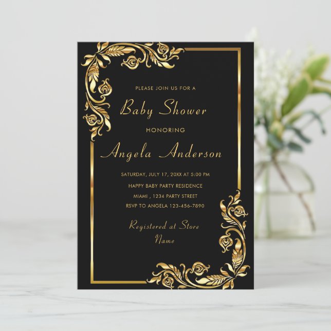 Black Gold Baby Boy Shower Einladung Vorlage (Stehend Vorderseite)