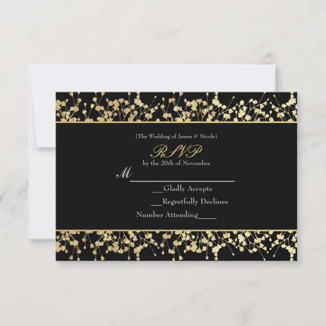 Black & Gold Babys Breath Wedding RSVP-Karte RSVP Karte (Vorderseite)