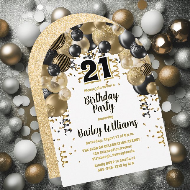 Black Gold Balloons 21. Geburtstag Party Einladung (Black | Gold Balloons "21" 21st Birthday Party Invitations - Print and/or Download Available)