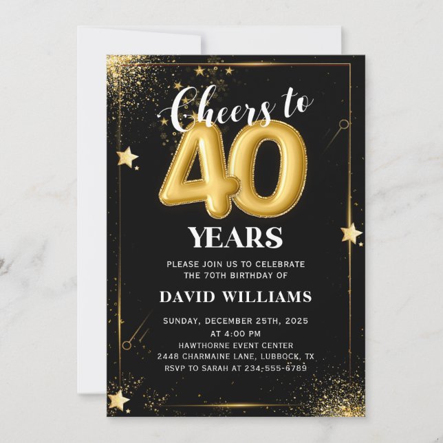 Black Gold Balloons 40th Birthday Party Invitation (Devant)