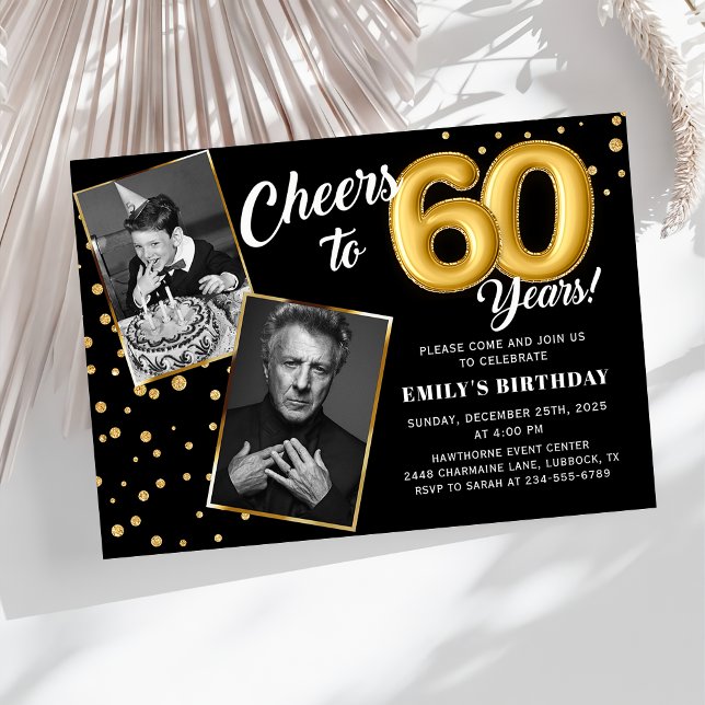 Black Gold Balloons 60th Birthday Photo Invitation (Créateur téléchargé)