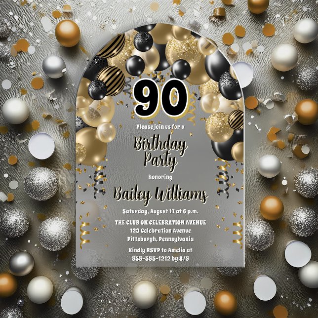 Black Gold Balloons 90. Geburtstagsparty Acryleinladungen (Black and Gold Tone  Celebration Balloons "90" 90th Birthday Party Acrylic Invitation)