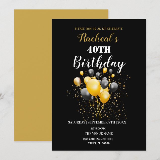 Black & Gold Balloons | Geburtstag Einladung (Vorne/Hinten)