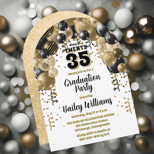 Black Gold Balloons Graduation Party Einladung (Black | Gold Balloons Class Year Graduation Party Invitations - Print and/or Download Available)