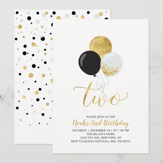 Black & Gold Balloons Junge 2. Geburtstag Party Einladung (Vorne/Hinten)