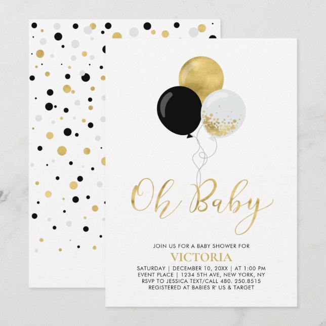 Black & Gold Balloons | Oh Baby Boy Baby Dusche Einladung (Vorne/Hinten)