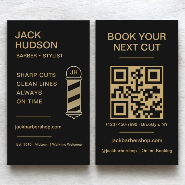 Black Gold Barbershop Barber Haircut QR Code Visitenkarte (Von Creator hochgeladen)