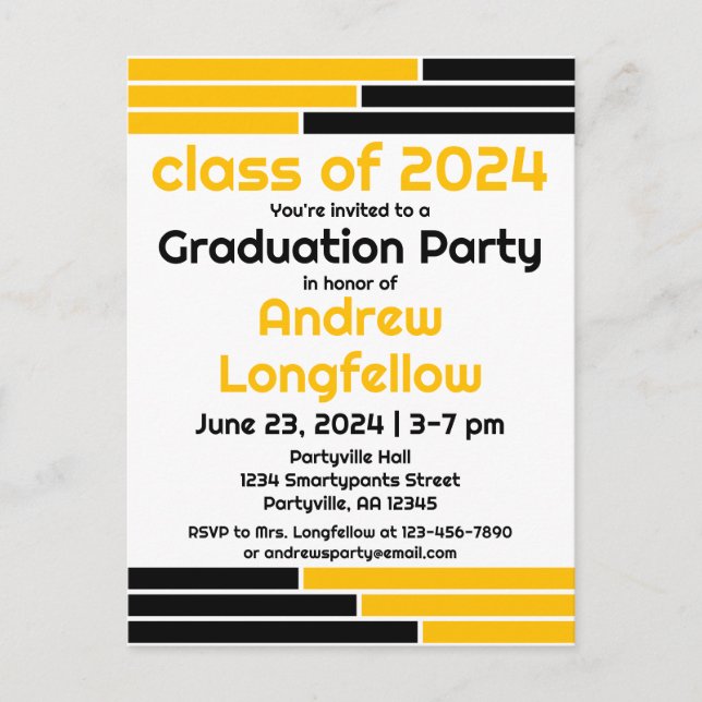 Black & Gold Bars Graduation Party Einladungspostkarte (Vorderseite)