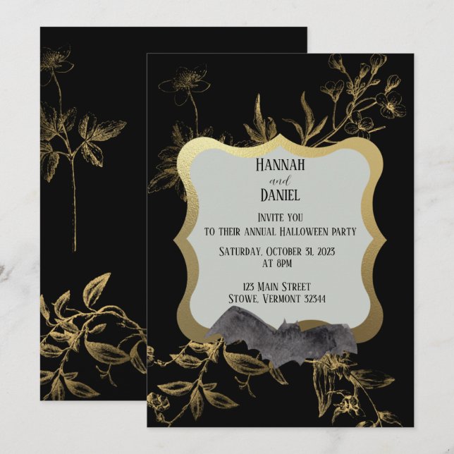 Black & Gold Bat Elegantes Halloween-Party Einladung (Vorne/Hinten)