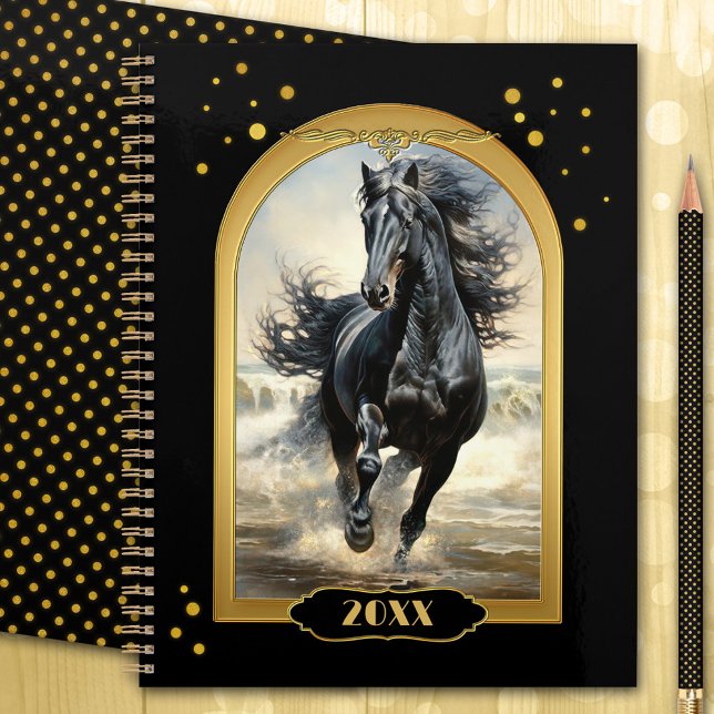 Black Gold Beach Horse (Gold and black year planner with a stallion horse running freely on the beach with confetti sparkles)
