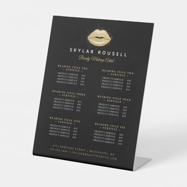Black & Gold Beauty Lips Luxus Service Preise Sockelschild (Vorderseite)