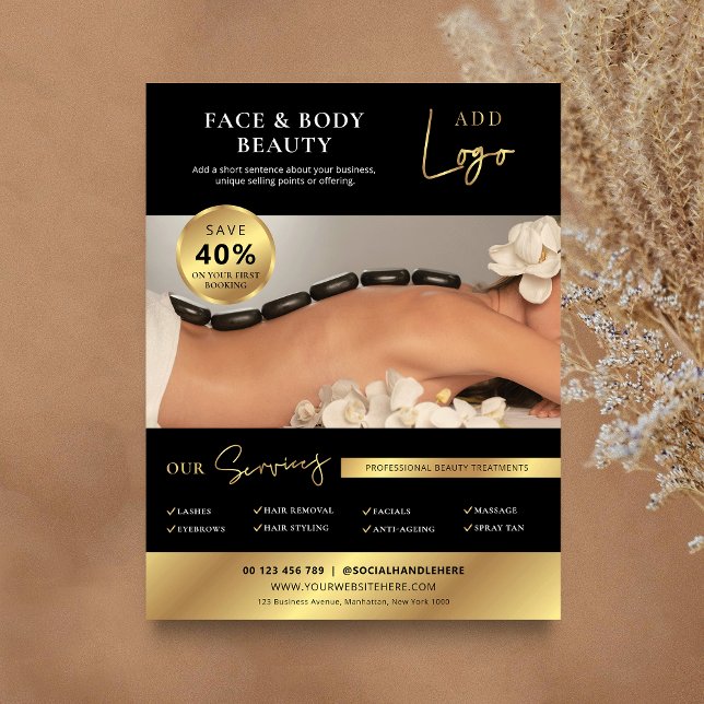 Black & Gold Beauty Wellness-Center Salon Services Flyer (Modern business flyer in black and gold with large photo and custom text)