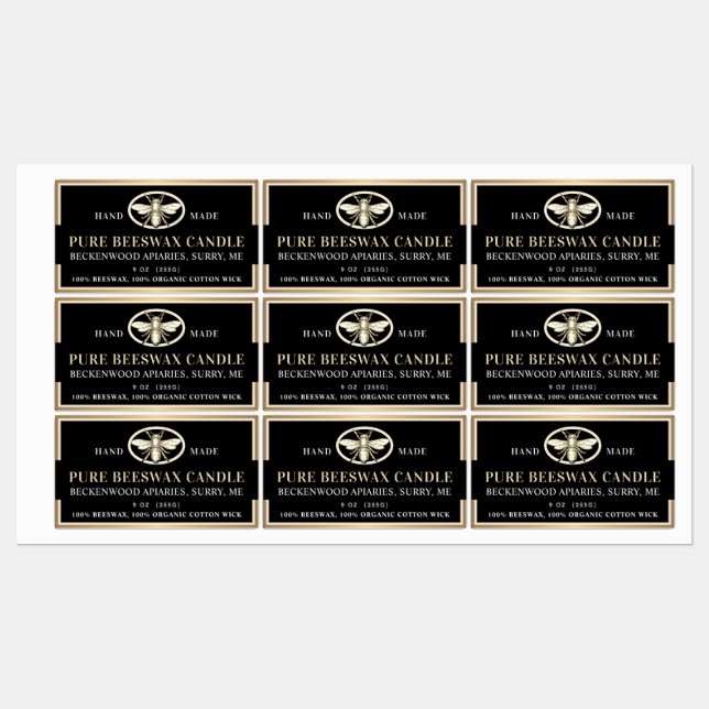 Black Gold BeesWachskandle Rectangle Heraldic Bee Etiketten (Blatt)