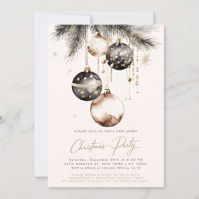 Black Gold Beige Ornamente Baubles Weihnachtsfest  Einladung (Vorderseite)
