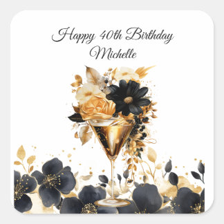 Black Gold Birthday Party Cocktails Drink Florals  Quadratischer Aufkleber