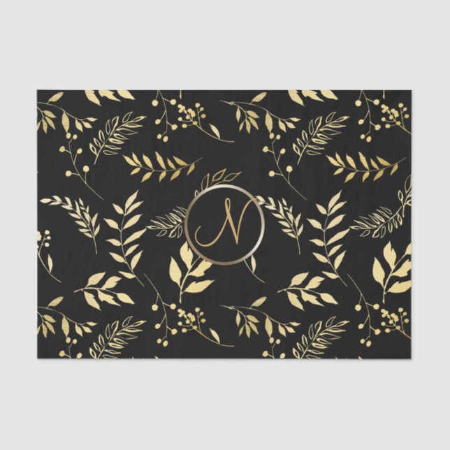 Black Gold Blätter Chic Monogram Letter Initial Seidenpapier (Vorderseite)