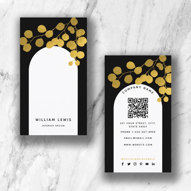 Black & Gold Blätter Moderner QR Code Visitenkarte (Von Creator hochgeladen)