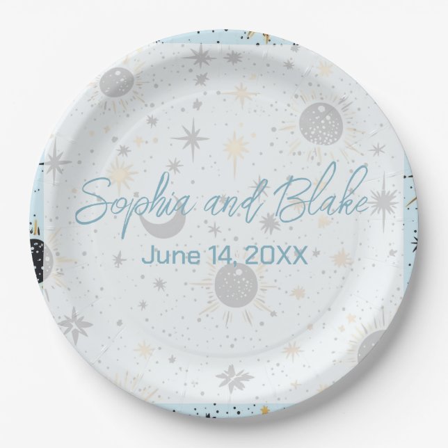 Black Gold Blue Celestial Wedding Pappteller (Vorderseite)