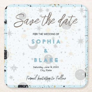 Black Gold Blue Celestial Wedding Save the Date Rechteckiger Pappuntersetzer