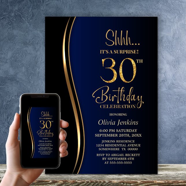 Black Gold Blue Überraschung 30. Geburtstag Einladung (Von Creator hochgeladen)