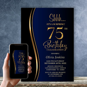 Black Gold Blue Überraschung 75. Geburtstag Einladung